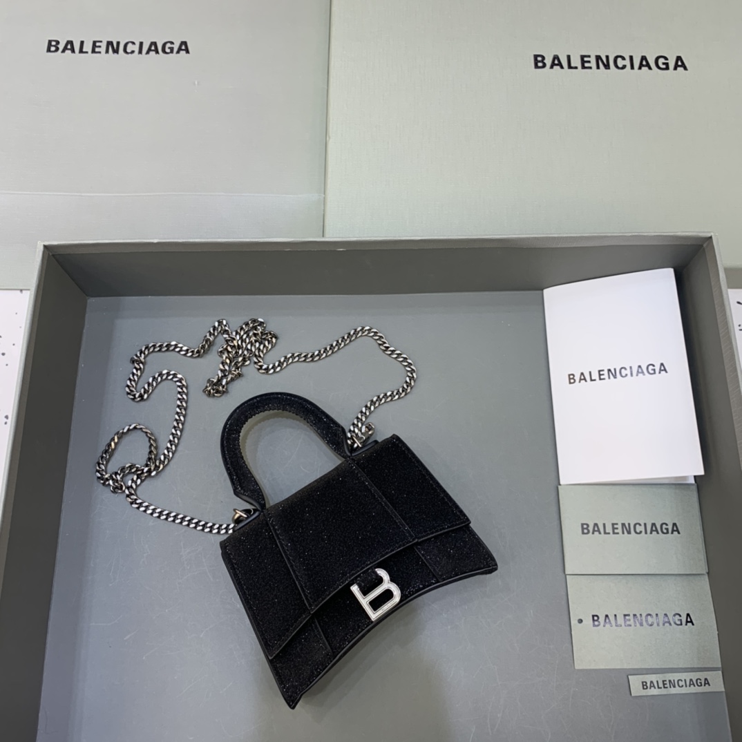 Balenciaga Hourglass Mini Handbag With Chain Calfskin Shoulder Bag Black